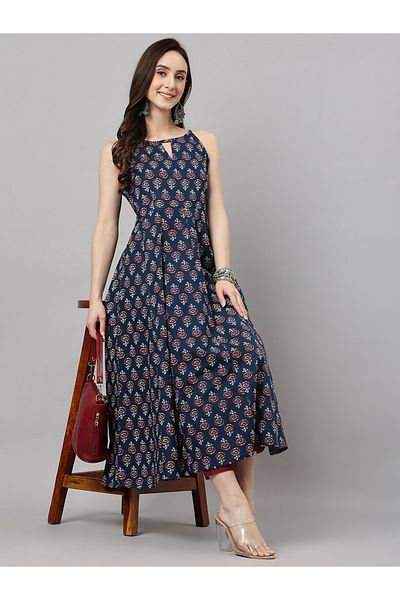 IndHeritage Premium Sleeveless cotton office / casual kurti -Dark blue kurti / kurta for women with floral print