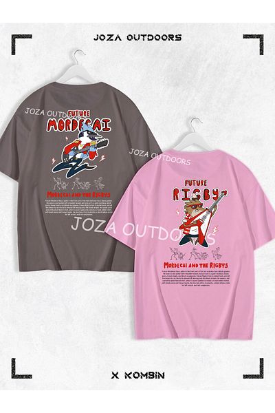 Jobia Outdoors Mordecai Rigby Back Back Printed Lover - Friend Couple Combination Oversize Colorful Tshirt Set of 2