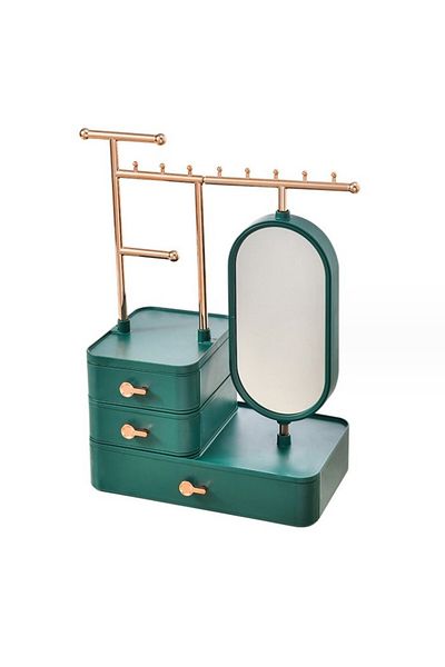 Zen Organizator de bijuterii verde închis cu trei sertare și oglindă