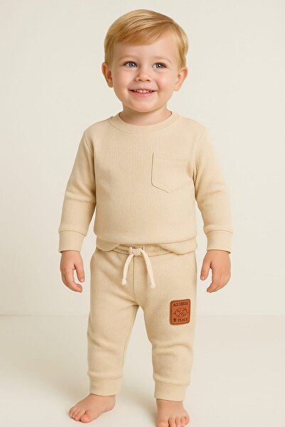 dinamik çocuk طقم بيبي بوي قماش وافل سادة مكون من قطعتين قميص سفلي وربيعي بأك...