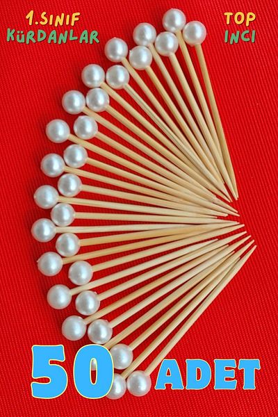 Armashine 50 Pieces Decorative Round Pearl Cake Toothpicks 6 cm - Pearl 8 mm - Engagement Promise Pearl Toothpicks