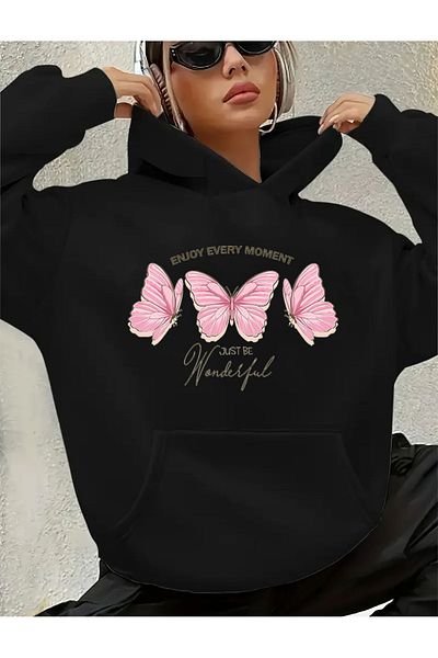 herkesemoda Enjoy Every Moment Detail Printed Fleece Hooded Sweatshirt
