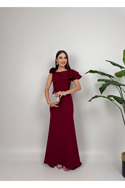 zoezoe Kadın Balık Model Tek Omuzu Volanlı Omuzda Gül detaylı Düğün Davet Mezuniyet elbisesi