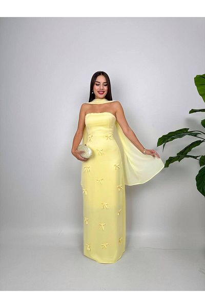 Zoe Zoe Women's Scarf Detailed Strapless Long Slit Lined Dress Skirt with Ribbon Detail on Top