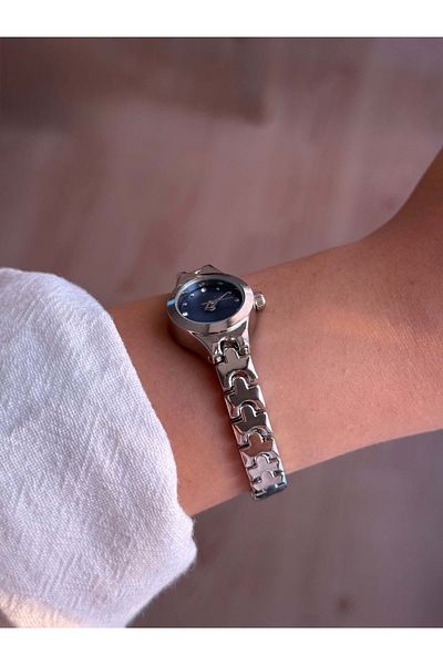 Vola Collection Navy Blue Dial Thin Cord Vintage Steel Silver Minimal Women Wrist Watch - 45