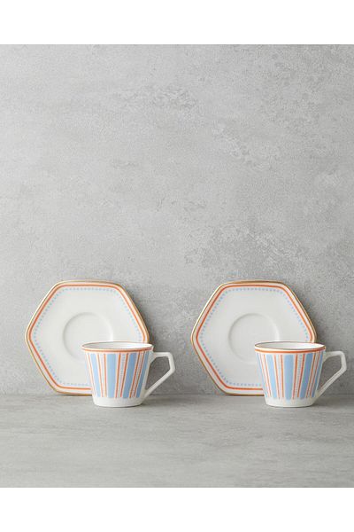 English Home Traces Bone Porcelain 4 Piece Coffee Cup Set for 2 Persons 80 ml Blue-Orange