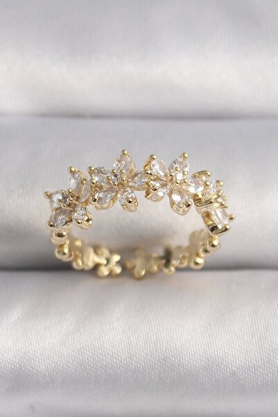 Genel Markalar Pirinç Gold Renk Zirkon Taşlı Çiçek Model VIP Seri Kadın Yüzük