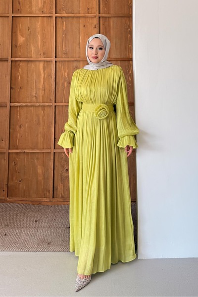 Rimel Moda Maria İpek Taşlı Elbise Fıstık Yeşili