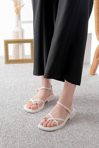 bashrol Yüzük Detaylı Parmak Arası Beyaz Cilt Ortapedik Düz Taban Günlük Raha...