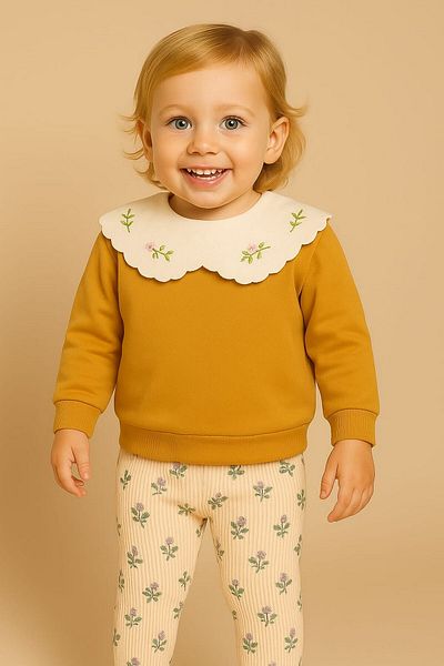 dinamik çocuk Girl's Collar Detailed 2-Piece Set Top-Top Seasonal Long Sleeve 2-3-4-5-6 Years Old