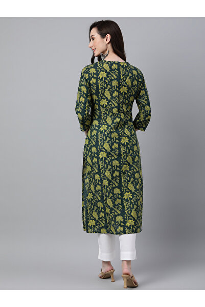 IndHeritage Premium cotton office / casual kurti - Bottle green kurti / kurta for women with floral print