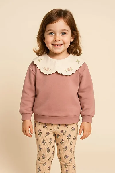 dinamik çocuk Girl's Collar Detailed 2-Piece Set Top-Top Seasonal Long Sleeve 2-3-4-5-6 Years Old