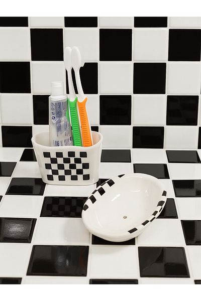 Piatti Naturali 2-Piece Bathroom Set - Solid Soap Dispenser & Toothbrush Holder, Sponge Holder - Handmade Ceramic Checkerboard Pattern