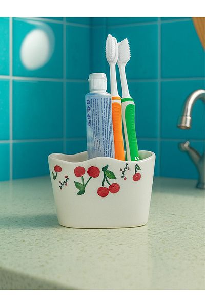 Piatti Naturali 2-Piece Bathroom Set - Cherry Pattern Solid Soap Dish & Toothbrush Holder, Sponge Holder - Handmade Ceramic