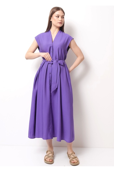 İndigo Blue Şık Yazlık Bel Bağcıklı Mor Kadın Midi Elbise