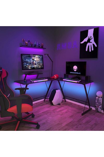 Generic L-Shaped Gaming Table, Home Gaming Desk, Writing Workstation,Corner Computer Table 129x46x74cm Black