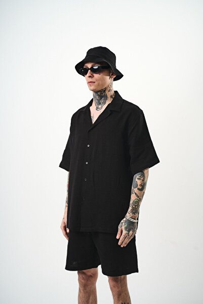 Respire Men's Short Sleeve Oversize Muslin Shirt Black