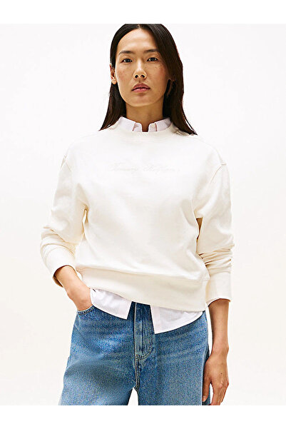 Tommy Hilfiger Women's Glitter Text Printed Regular Cut White Sweater Ww0Ww47...