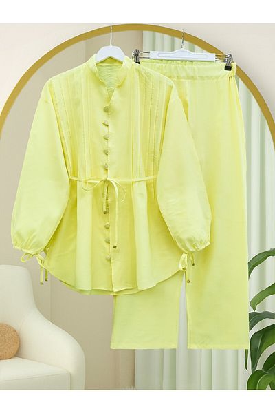 Modamorfo Lapel Lace-Up Buttoned V-Neck Tunic Trousers Set -Yellow