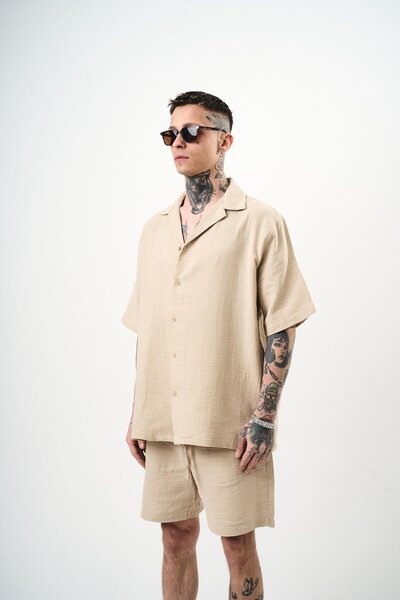 Respire Ανδρικό κοντομάνικο πουκάμισο μουσελίνας Oversize Μπεζ