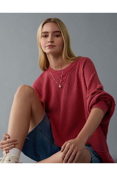 AMERICAN EAGLE AE Big Hug Crew Neck Waffle Sweatshirt