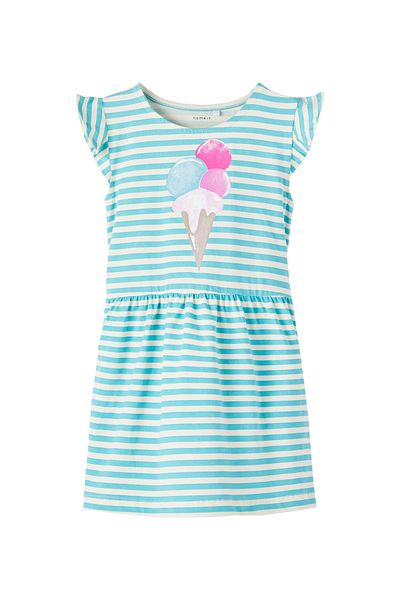 Name it All Over Striped Frill Sleeves Dress - Blue