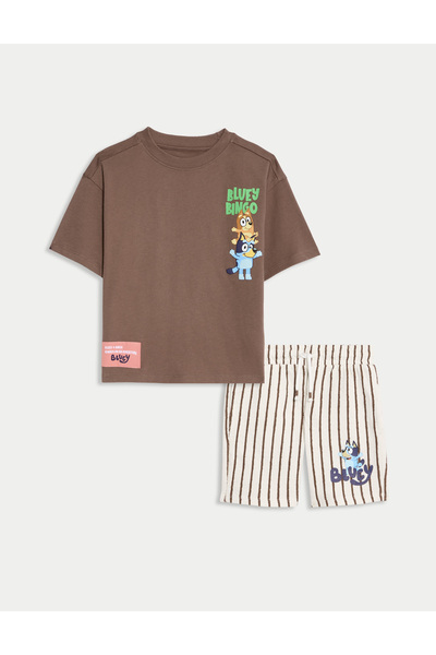 Marks & Spencer Saf Pamuk Bluey™ Üst ve Şort Takımı (2–8 Yaş)