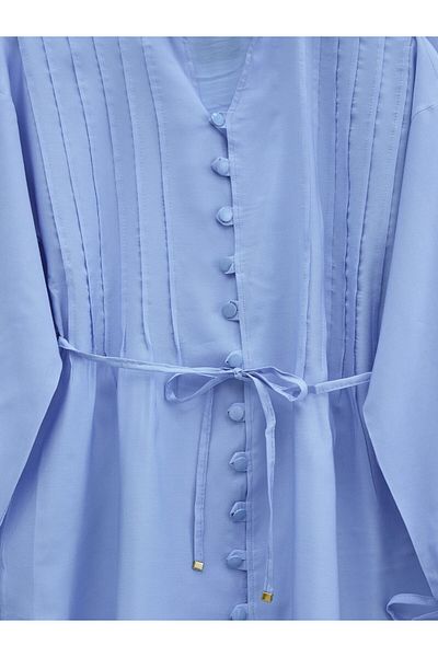 Modamorfo Lapel Lace-Up Buttoned V-Neck Tunic Trousers Set -Baby Blue