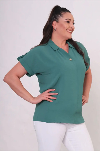 FOR ESRA BIG TREND Women's Plus Size Polo Neck V Patch Ornamental Button Double Sleeve Flexible Aerobin Blouse with Epaulettes