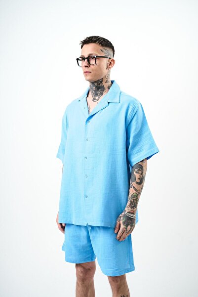 Respire Men's Short Sleeve Oversize Muslin Shirt Bebeblue