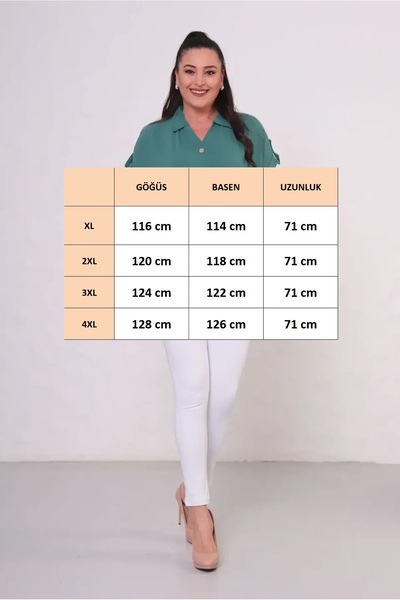 FOR ESRA BIG TREND Women's Plus Size Polo Neck V Patch Ornamental Button Double Sleeve Flexible Aerobin Blouse with Epaulettes