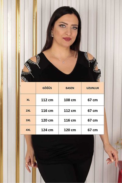 FOR ESRA BIG TREND Women's Plus Size Front Back V Sleeve Laser Cut Sequin Processing Stretchy Blouse