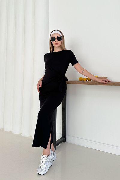 MİROR Women's Black Modal Fabric Side Tie Detail Slit Dress