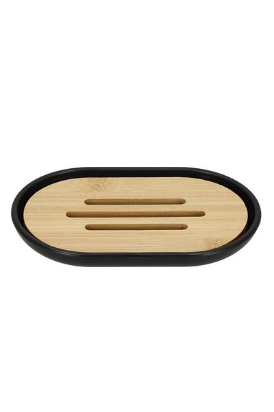 SERSIMO Round plastic bathroom accessory set with bamboo elements, 6 pieces, black