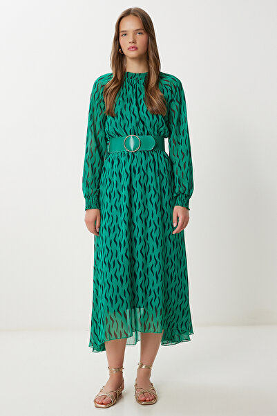 Lovelyİstanbul Φόρεμα σιφόν με μοτίβο με ζώνη LFG0085 ΠΡΑΣΙΝΟ ΜΑΥΡΟ