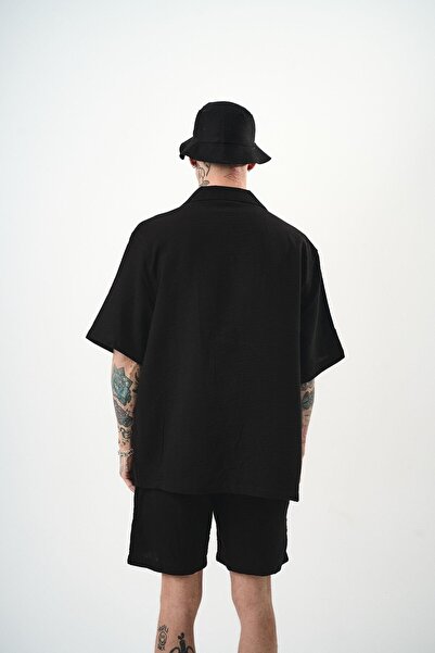 Respire Men's Short Sleeve Oversize Muslin Shirt Black