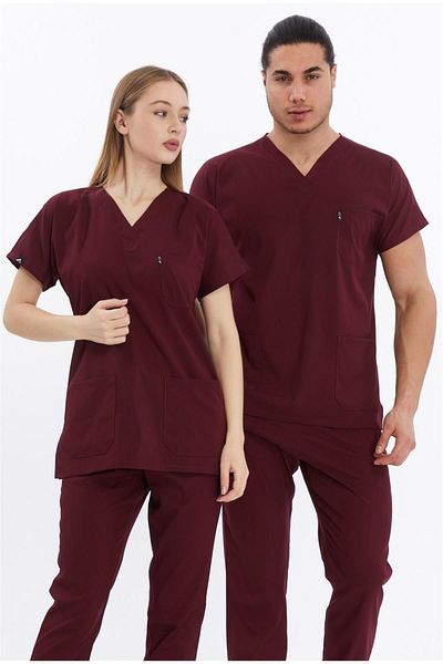 Çatı Medikal Happiness Basic - Lycra Doctor Nurse Scrubs Single Top Surgical Jersey (Unisex), Burgundy