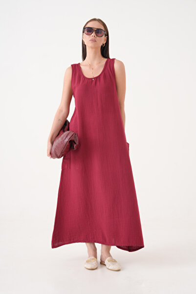 Butik %100 Pamuk Müslin Kumaş Sıfır Kol Uzun Elbise -mg002