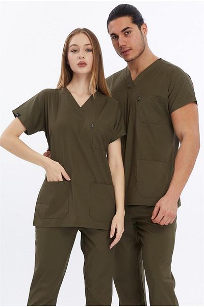 Çatı Medikal Happiness Basic - Lycra Doctor Nurse Scrubs Single Top Surgical Jersey (Unisex), Khaki
