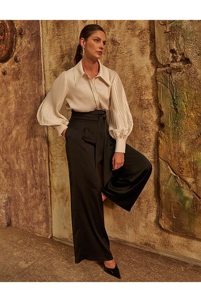 Kayra Waist Knotted Satin Trousers Black