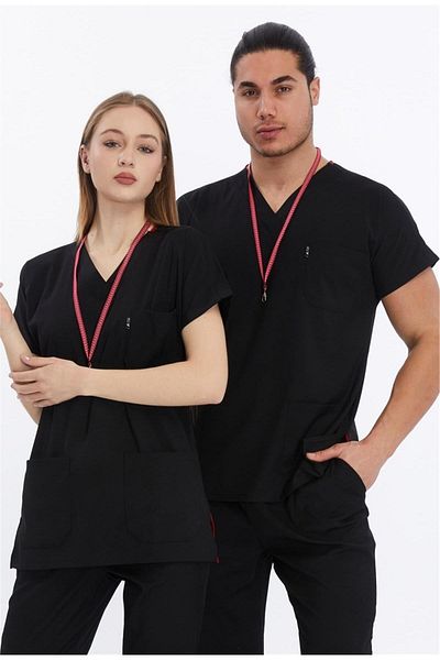 Çatı Medikal Happiness Basic - Lycra Doctor Nurse Scrubs Μονόχρωμο Χειρουργικό Τζέρσεϊ (UNISEX), Μαύρο