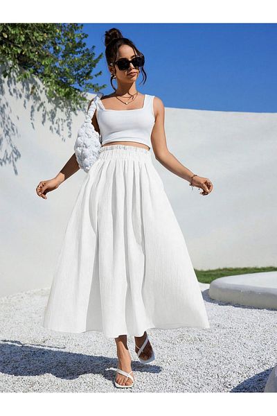 MODAGEN Women's Ecru Elastic Waist Layered Maxi Length Aerobin Skirt
