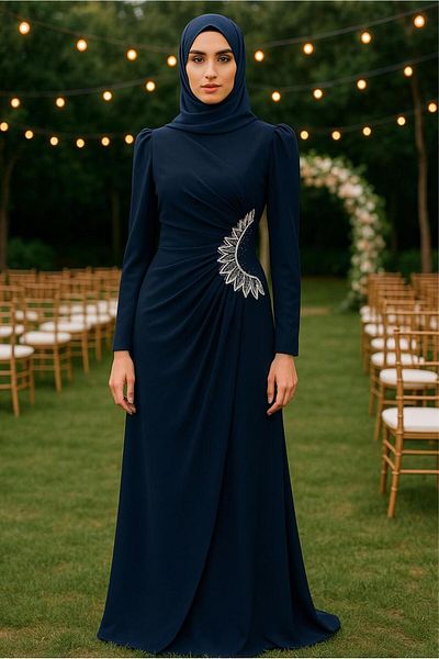 TRENDTESETTÜR Women's Dark Blue Stone Evening Dress t 6263