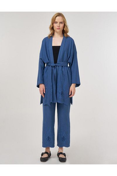 KYR Embroidery Appliqued Linen Viscose Kimono Suit Indigo