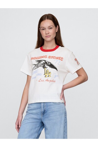 GAP Kadın Beyaz Rolling Stones Relaxed Grafik T-Shirt