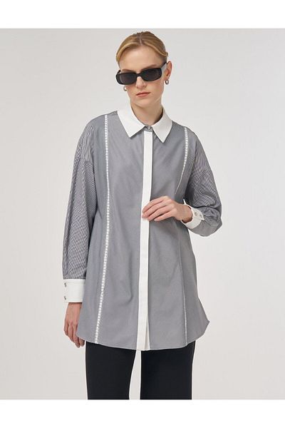 Kayra Stripe Scalloped Cotton Tunic Black