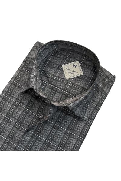 EREN STYLE Linen Linen Classic Short Sleeve Two Pocket Flap Gray Dad Shirt (Regular Fit)