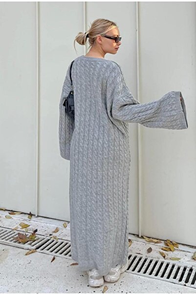 FLEX FASHION Велосипедна яка с плетена коса, дълга, модерна, популярна трикотажна рокля, ОТВОРЕНО СИВО