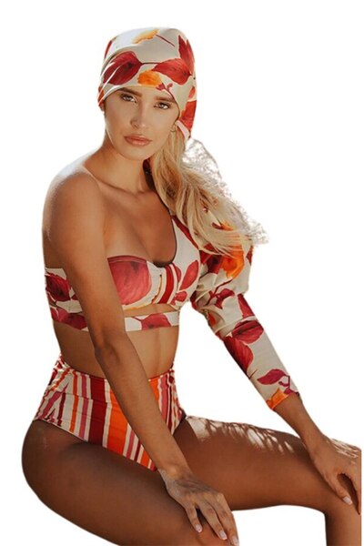 Mixbo - Two-Piece Swimsuit, Long Puffy Sleeve, Elegant Orange, Size L