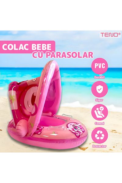 Teno Colac Inot cu Parasolar pentru Bebelusi Teno®, model ursulet, parasolar detasabil, 3-36 luni, roz